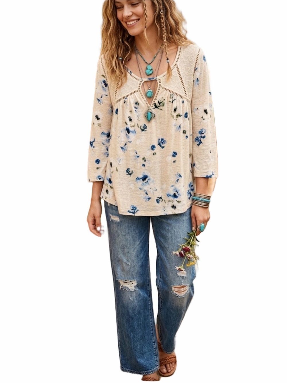 Lucky Brand Boho Floral Peasant Top Linen Blend Lace Yoke Blouse Large